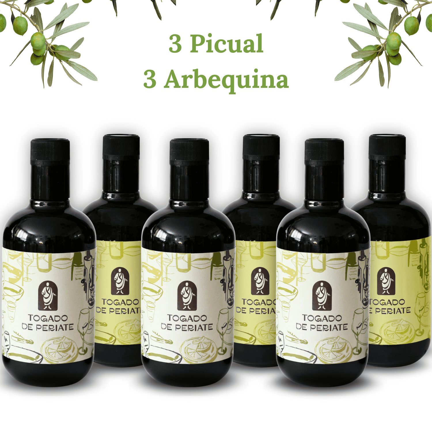 Pack 6 Botellas Aceite de oliva virgen extra 3 Picual - 3 Arbequina 500ml